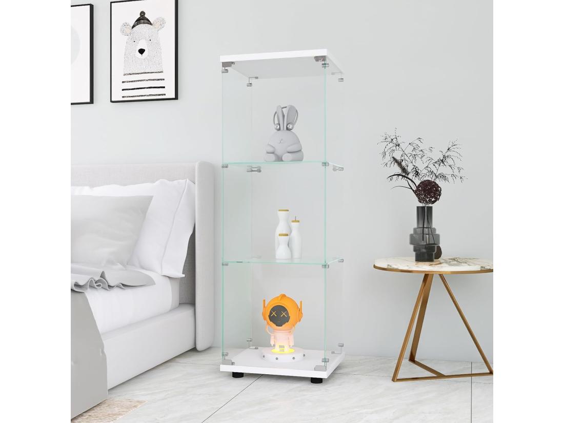 Vente Unique Vitrine En Verre Debout 46 X 36 X 125 Cm Vitrine à 3 Couches Moderne En Verre Pour Objets De Collection Livres Vin Blanc 42 X 36 X 125 Cm