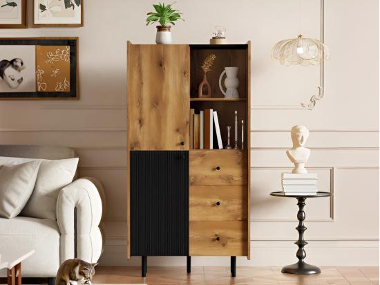 Vente Unique Vitrine H 160cm - Avec 2 Portes、3 Tiroirs Et 2 Compartiments - Noir & Naturel