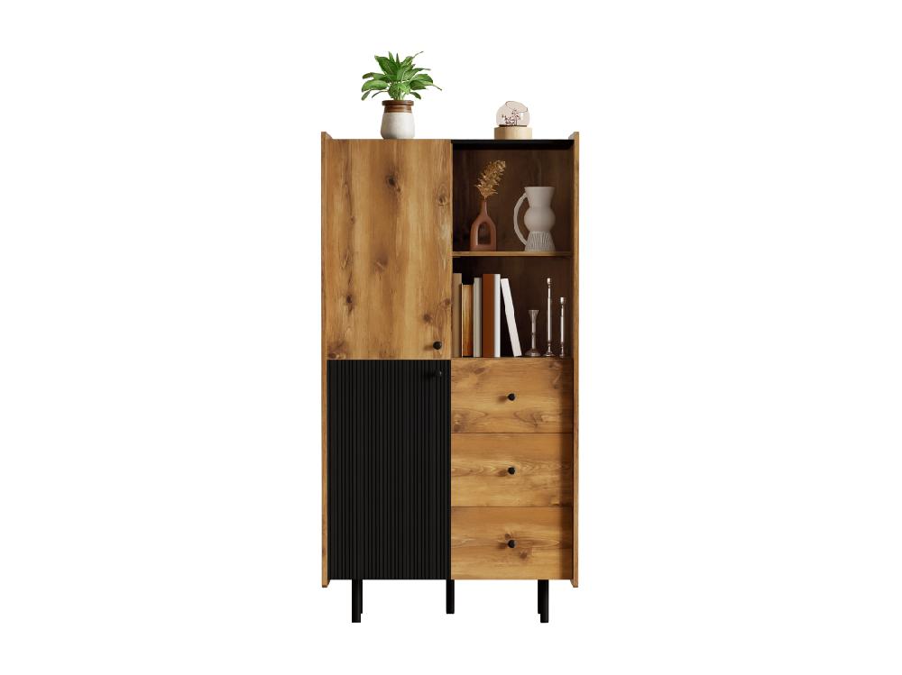 Vente Unique Vitrine H 160cm - Avec 2 Portes、3 Tiroirs Et 2 Compartiments - Noir & Naturel