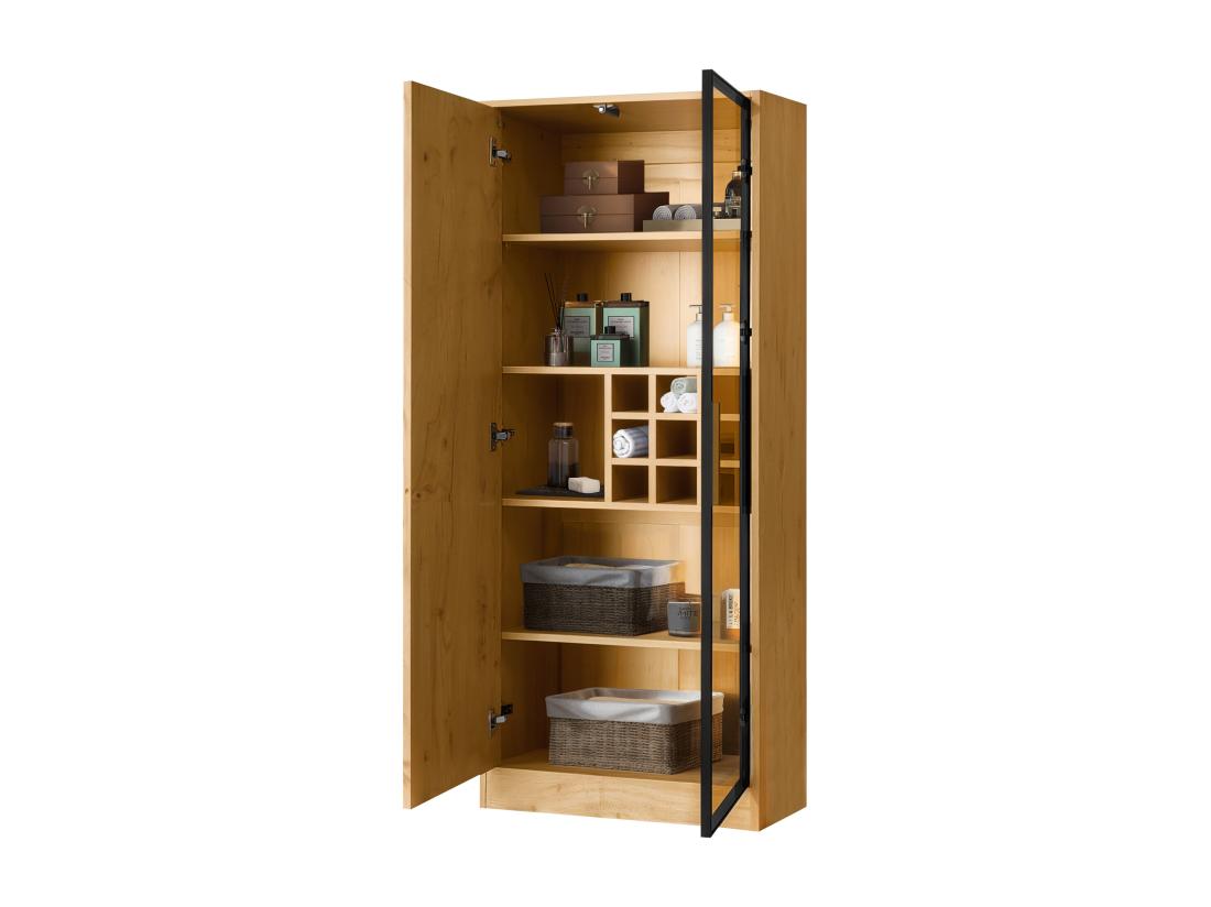 vente unique Vitrine H 160cm avec LED - 2 portes avec compartiments - Naturel