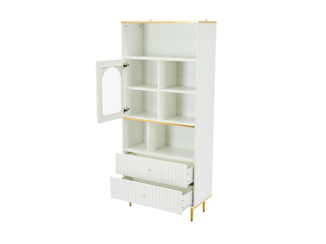 Vente Unique Vitrine H 190cm Avec LED - 5 Compartiments Ouverts Et 2 Tiroirs - Blanc