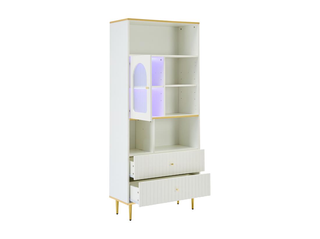 Vente Unique Vitrine H 190cm Avec LED - 5 Compartiments Ouverts Et 2 Tiroirs - Blanc