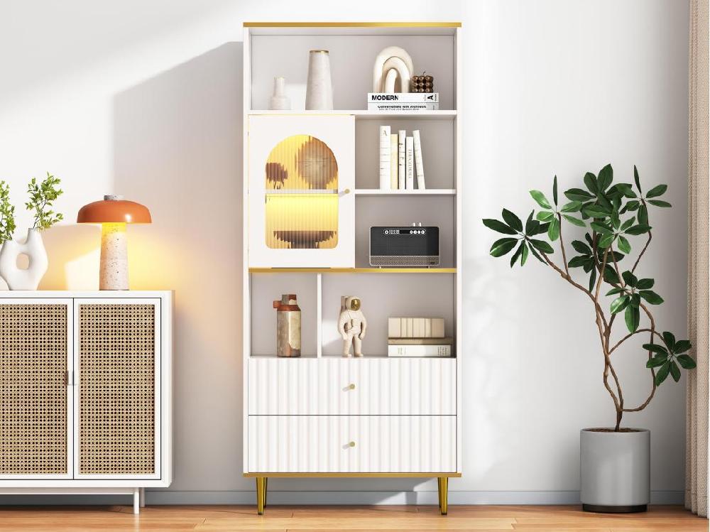 vente unique Vitrine H 190cm avec LED - 5 compartiments ouverts et 2 tiroirs - Blanc