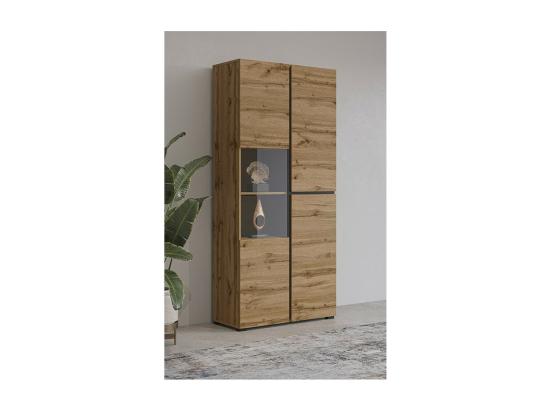 Vente Unique Vitrine Haute 2 Portes Collection HAVANA. Coloris Chêne Et Noir