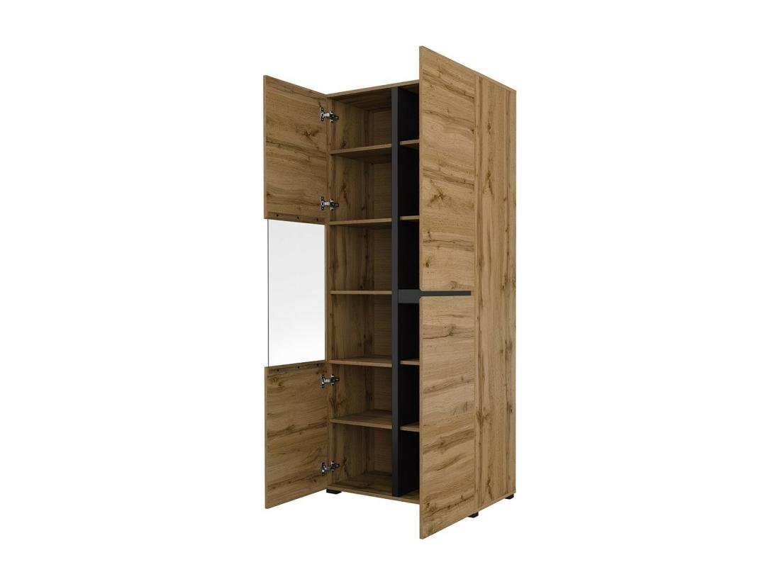 Vente Unique Vitrine Haute 2 Portes Collection HAVANA. Coloris Chêne Et Noir