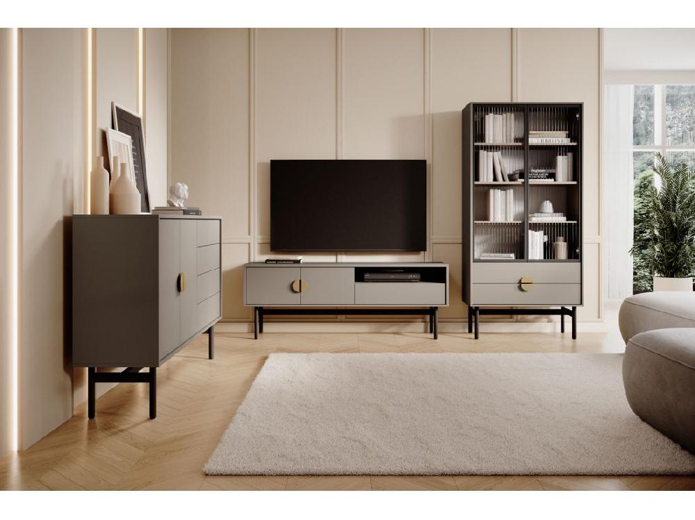 Vente Unique Vitrine Haute - 85 Cm - Avec Quatre étagères Et Tiroirs - Gris Pierre - STOON