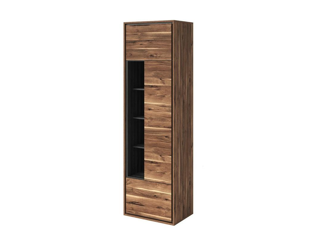 vente unique Vitrine haute design avec 1 porte 1 tiroir et 4 niches apparentes collection SILVA coloris chêne et gris