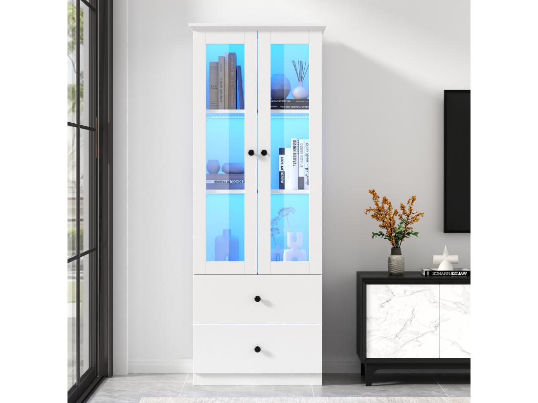 Vente Unique Vitrine LED Moderne 60x35x165cm - Avec Port USB - Télécommande 16 Couleurs - Avec 2 Tiroirs - Avec 2 Portes Vitrées - Blanc