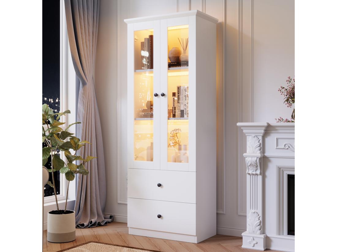 Vente Unique Vitrine LED Moderne 60x35x165cm - Avec Port USB - Télécommande 16 Couleurs - Avec 2 Tiroirs - Avec 2 Portes Vitrées - Blanc