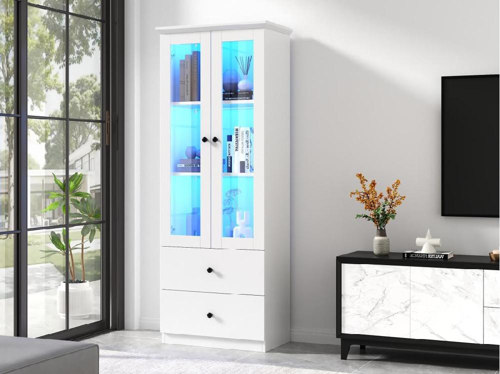vente unique Vitrine LED moderne 60x35x165cm - avec port USB - Télécommande 16 couleurs - avec 2 tiroirs - avec 2 portes vitrées - Blanc