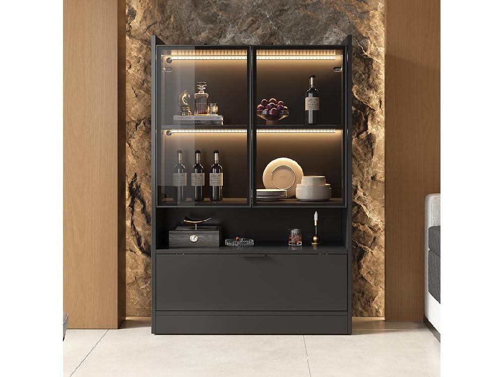 Vente Unique Vitrine LED Moderne 80x120x35cm- Avec éclairage LED 16 Couleurs - Avec 2 Portes Vitrées - Avec Compartiments De Rangement - Noir