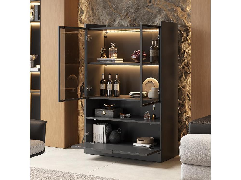 Vente Unique Vitrine LED Moderne 80x120x35cm- Avec éclairage LED 16 Couleurs - Avec 2 Portes Vitrées - Avec Compartiments De Rangement - Noir