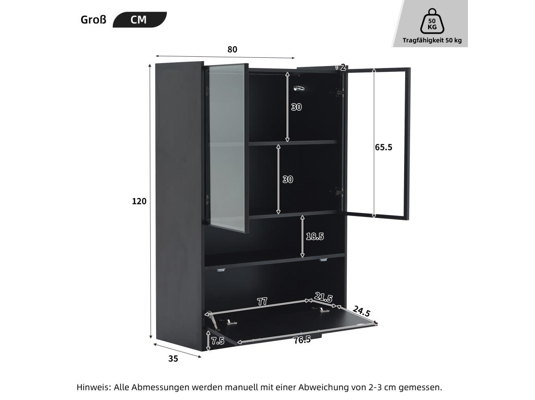 Vente Unique Vitrine LED Moderne 80x120x35cm- Avec éclairage LED 16 Couleurs - Avec 2 Portes Vitrées - Avec Compartiments De Rangement - Noir