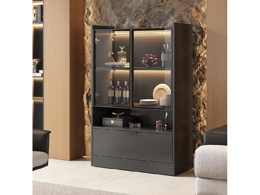 vente unique Vitrine LED moderne 80x120x35cm- avec éclairage LED 16 couleurs - avec 2 portes vitrées - avec compartiments de rangement - Noir