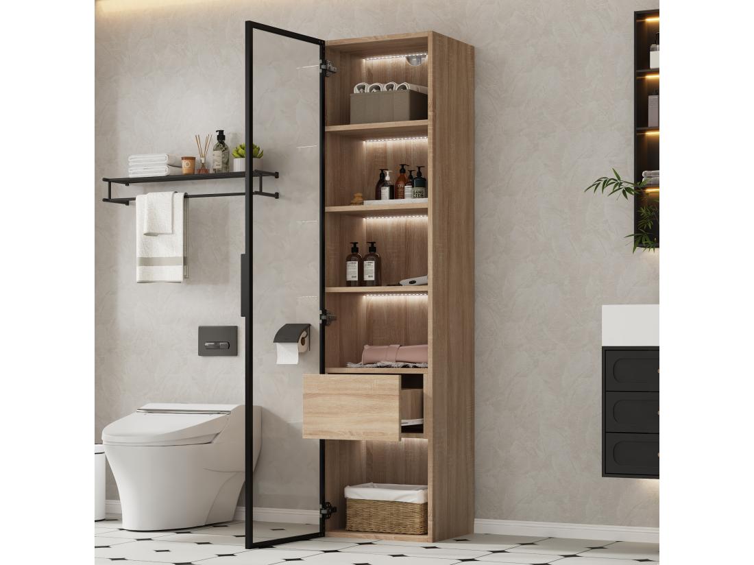 Vente Unique Vitrine、Meuble De Salle De Bain Avec LED - 1 Porte Vitrées - Naturel