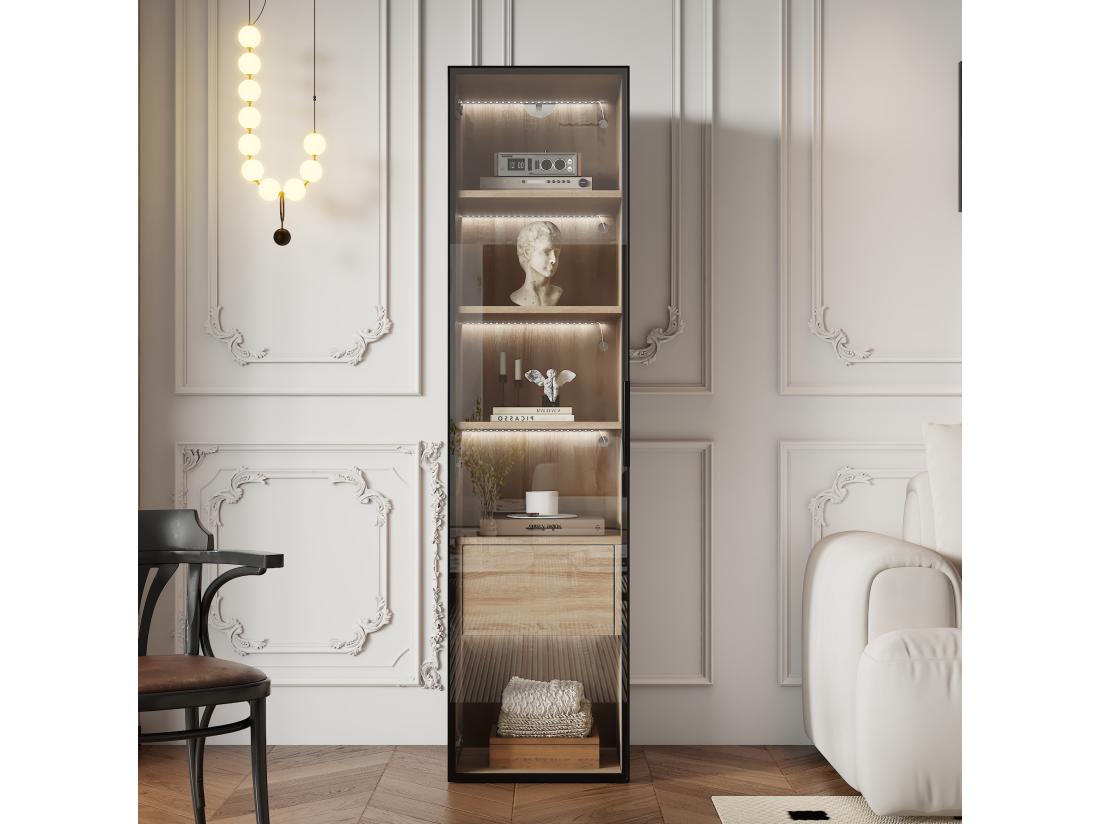 Vente Unique Vitrine、Meuble De Salle De Bain Avec LED - 1 Porte Vitrées - Naturel