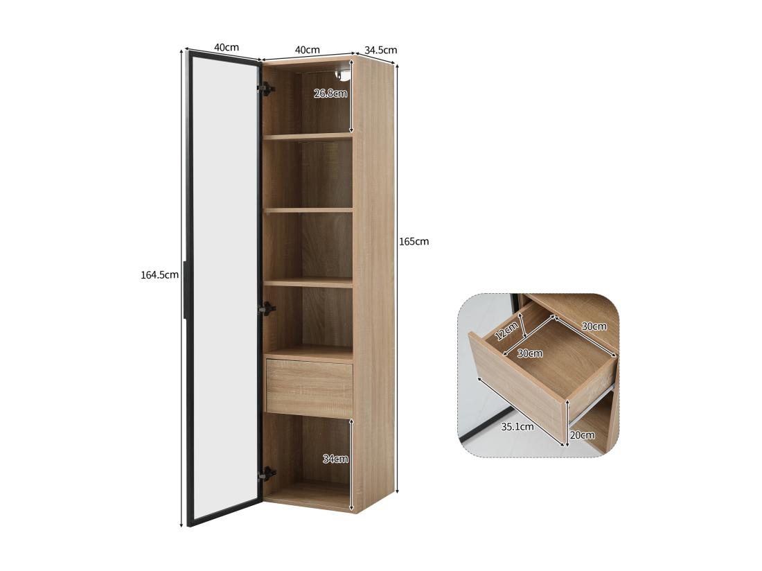 Vente Unique Vitrine、Meuble De Salle De Bain Avec LED - 1 Porte Vitrées - Naturel