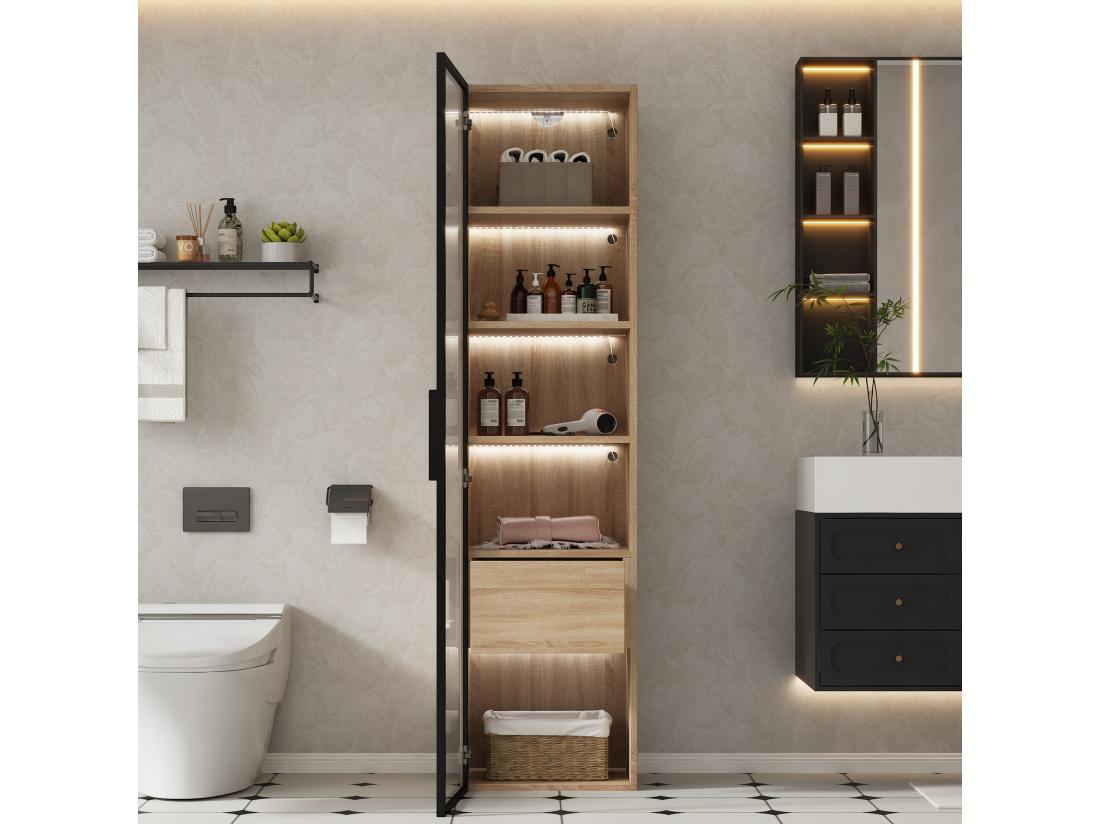 vente unique Vitrine、Meuble de salle de bain avec LED - 1 porte vitrées - Naturel