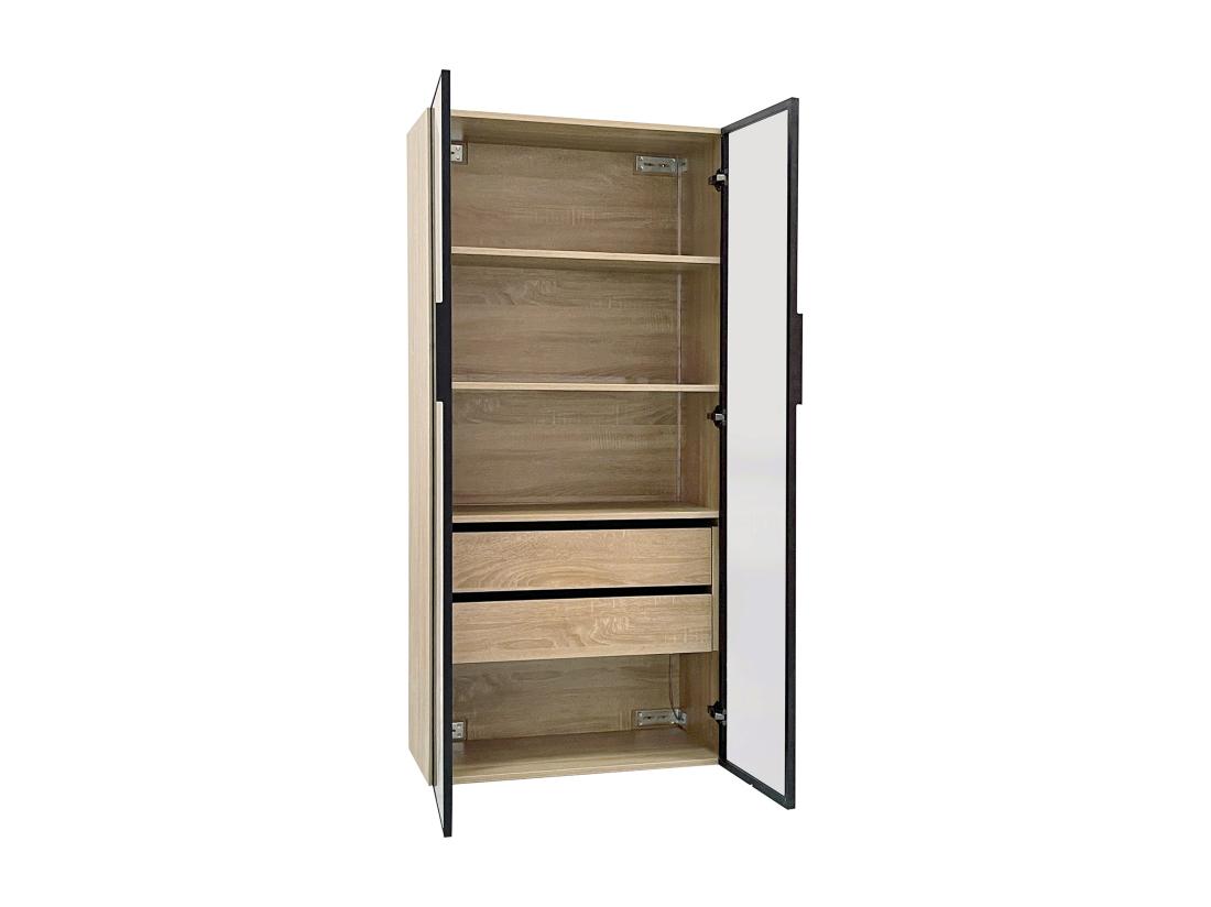 Vente Unique Vitrine、Meuble De Salle De Bain Avec LED - 2 Grands Tiroirs Et 2 Portes Vitrées - Naturel