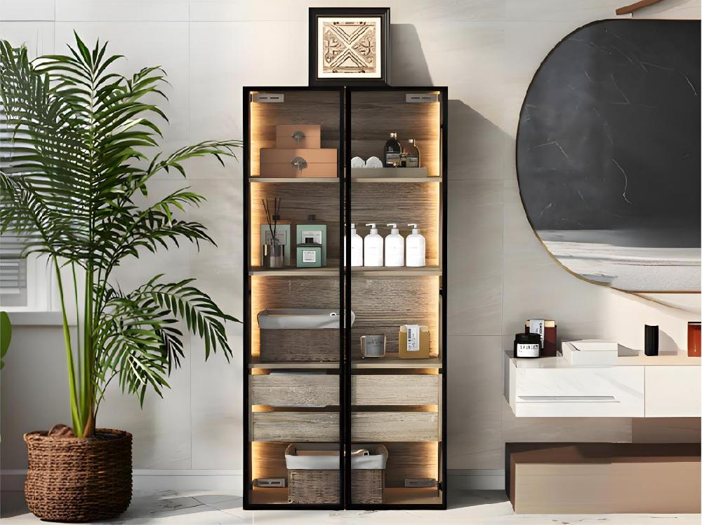 Vente Unique Vitrine、Meuble De Salle De Bain Avec LED - 2 Grands Tiroirs Et 2 Portes Vitrées - Naturel