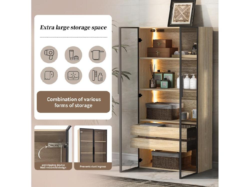 vente unique Vitrine、Meuble de salle de bain avec LED - 2 grands tiroirs et 2 portes vitrées - Naturel
