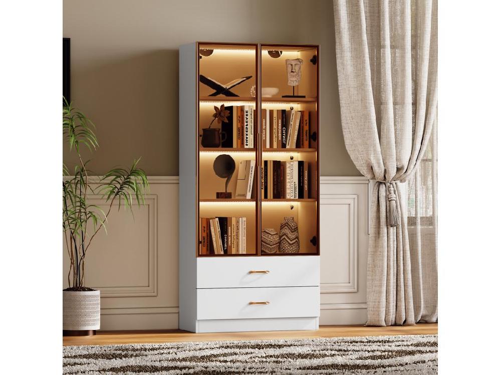 Vente Unique Vitrine、Meuble De Salle De Bain Avec LED - 2 Tiroirs Et 2 Portes Vitrées - Blanc