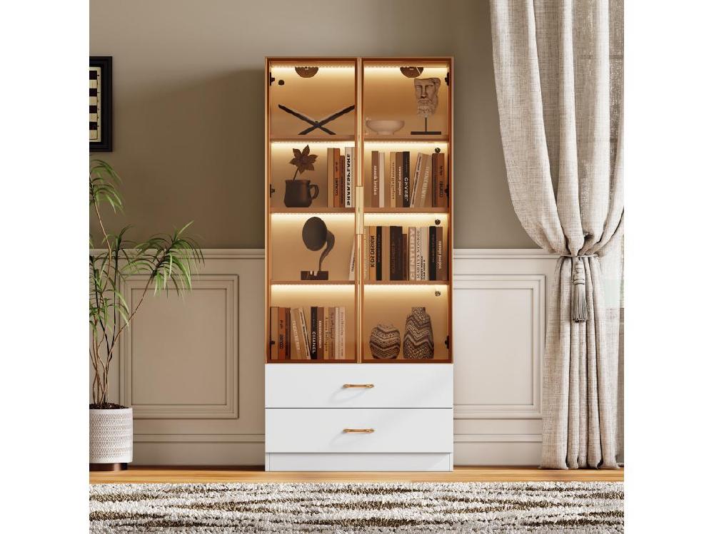 Vente Unique Vitrine、Meuble De Salle De Bain Avec LED - 2 Tiroirs Et 2 Portes Vitrées - Blanc