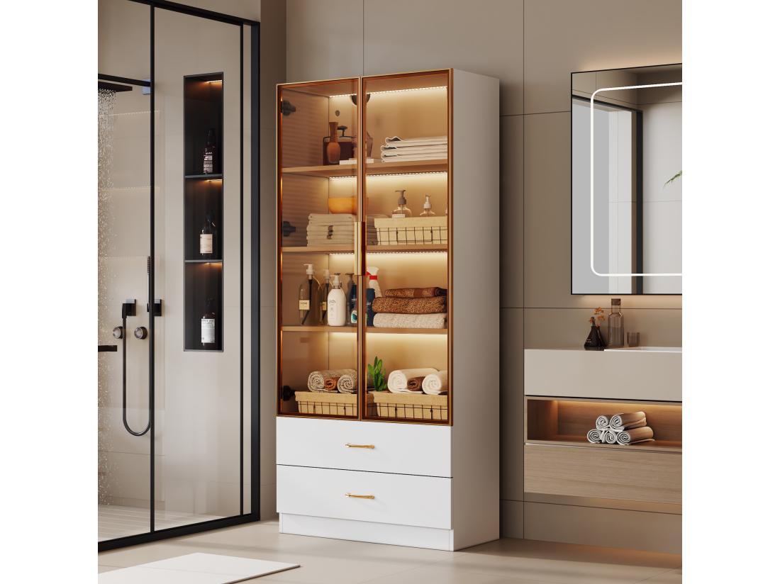 Vente Unique Vitrine、Meuble De Salle De Bain Avec LED - 2 Tiroirs Et 2 Portes Vitrées - Blanc