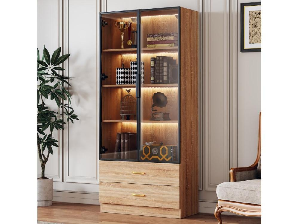 Vente Unique Vitrine、Meuble De Salle De Bain Avec LED - 2 Tiroirs Et 2 Portes Vitrées - Naturel