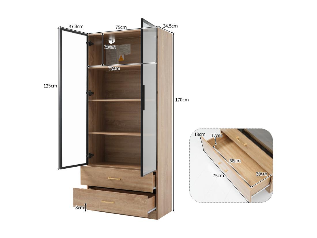 Vente Unique Vitrine、Meuble De Salle De Bain Avec LED - 2 Tiroirs Et 2 Portes Vitrées - Naturel