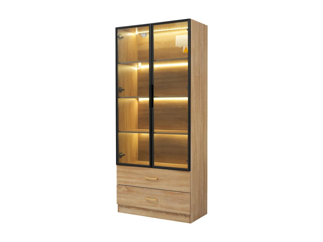 Vente Unique Vitrine、Meuble De Salle De Bain Avec LED - 2 Tiroirs Et 2 Portes Vitrées - Naturel