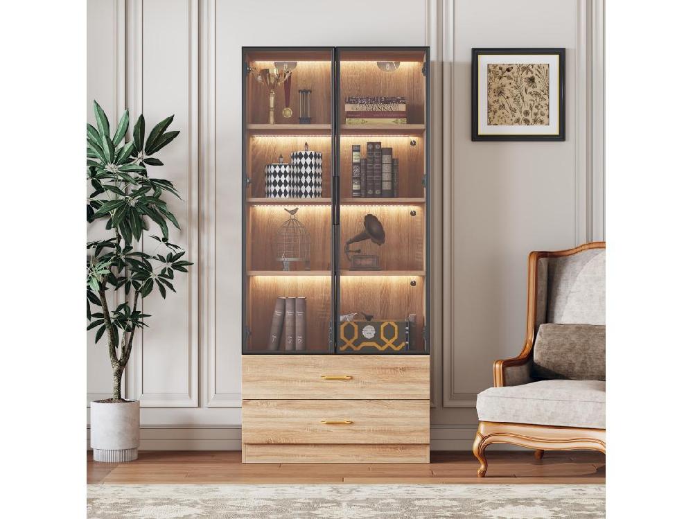vente unique Vitrine、Meuble de salle de bain avec LED - 2 tiroirs et 2 portes vitrées - Naturel