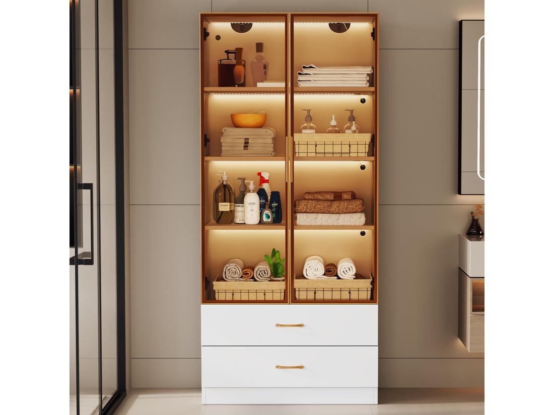 vente unique Vitrine、Meuble de salle de bain avec LED - 2 tiroirs et 2 portes vitrées - Blanc
