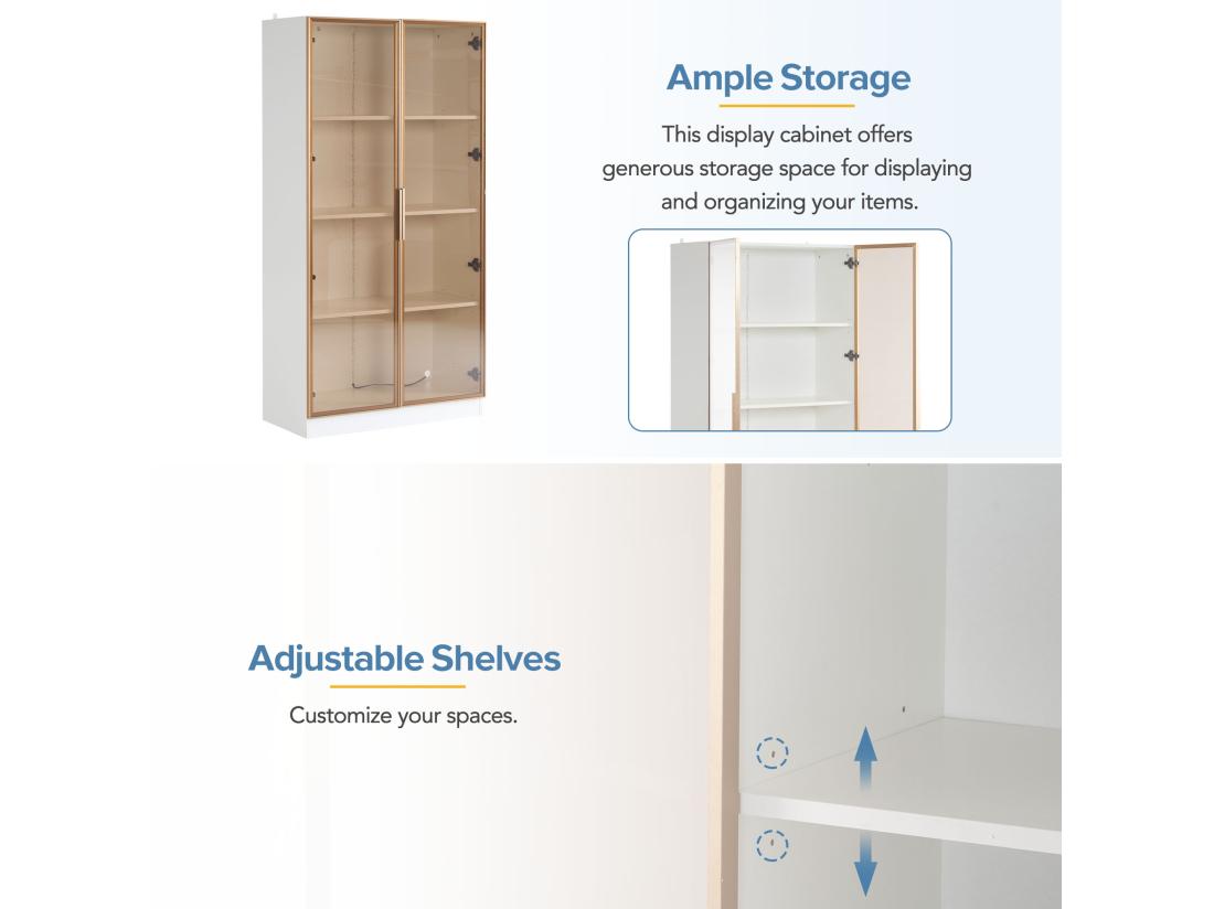 Vente Unique Vitrine Moderne Avec Lumières LED En 16 Couleurs - H 160 Cm - 2 Portes Avec étagères Amovibles - Transparent