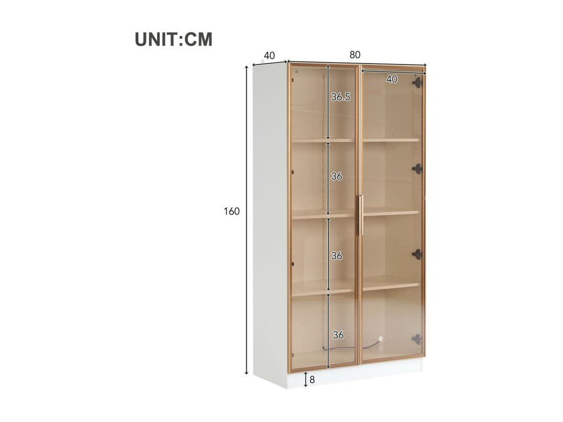 Vente Unique Vitrine Moderne Avec Lumières LED En 16 Couleurs - H 160 Cm - 2 Portes Avec étagères Amovibles - Transparent