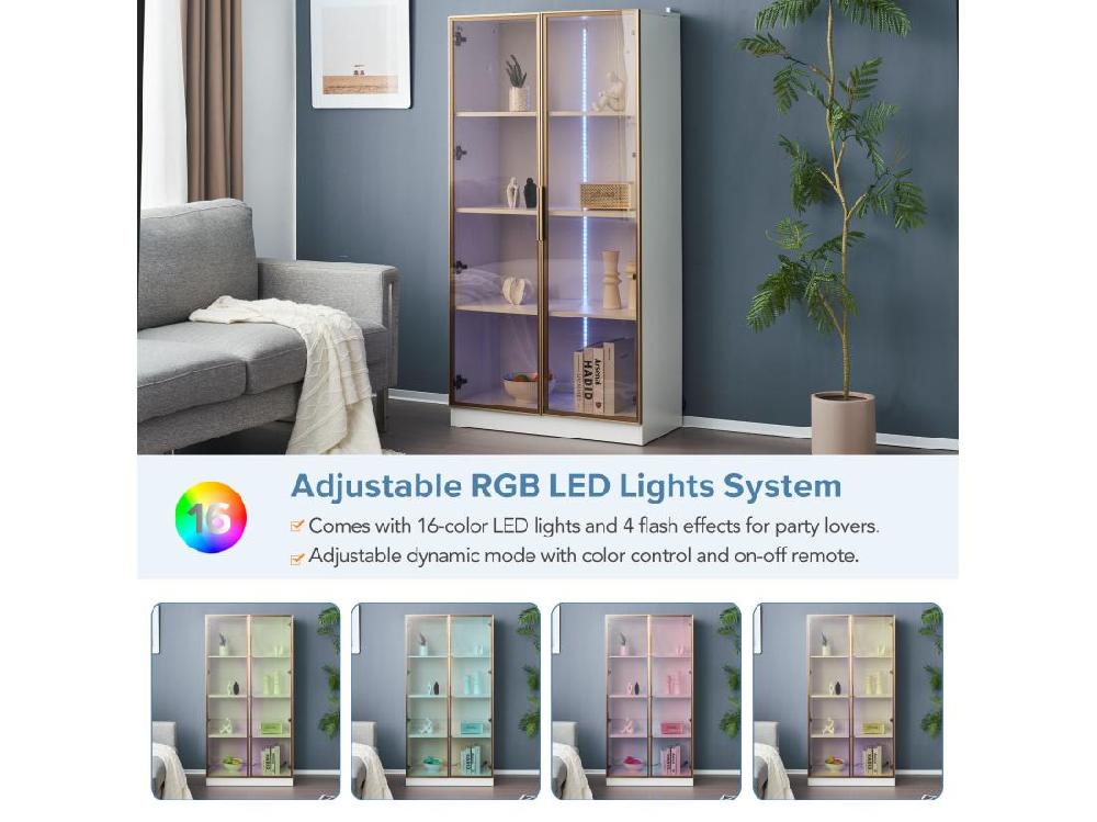 Vente Unique Vitrine Moderne Avec Lumières LED En 16 Couleurs - H 160 Cm - 2 Portes Avec étagères Amovibles - Transparent