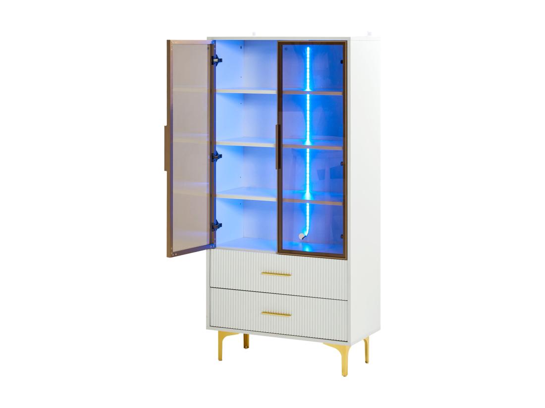 Vente Unique Vitrine Moderne Avec Lumières LED Et étagères Amovibles - H 150 Cm - 2 Portes En Verre Et 2 Tiroirs - Blanc