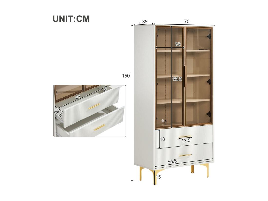 Vente Unique Vitrine Moderne Avec Lumières LED Et étagères Amovibles - H 150 Cm - 2 Portes En Verre Et 2 Tiroirs - Blanc