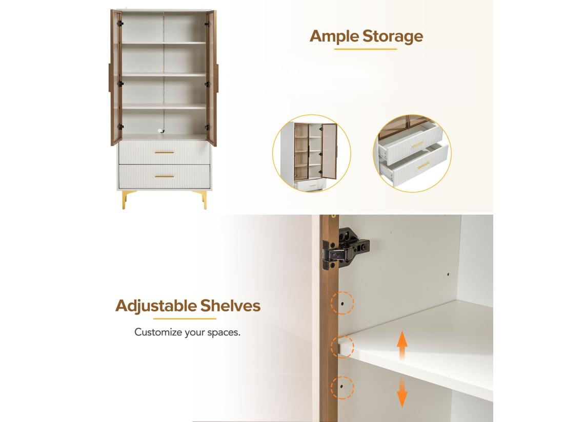 Vente Unique Vitrine Moderne Avec Lumières LED Et étagères Amovibles - H 150 Cm - 2 Portes En Verre Et 2 Tiroirs - Blanc