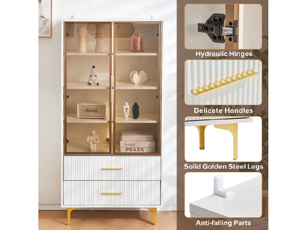 vente unique Vitrine moderne avec lumières LED et étagères amovibles - H 150 cm - 2 portes en verre et 2 tiroirs - Blanc