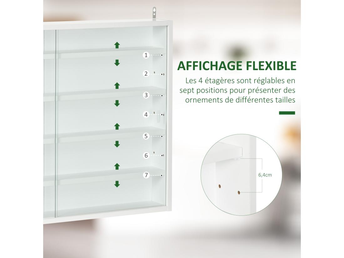 Vente Unique Vitrine Murale étagère - 5 étagères Réglables - 2 Portes Coulissantes Verre - Panneaux Blanc
