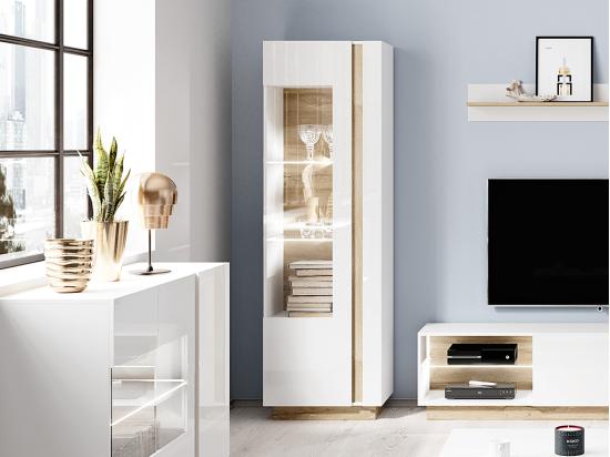 vente unique Vitrine MURARI - 1 porte - Avec LEDs - Blanc brillant et chêne