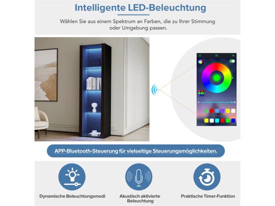 Vente Unique Vitrine Noire Avec éclairage LED 3 Compartiments En Verre 55 * 38 * 166cm