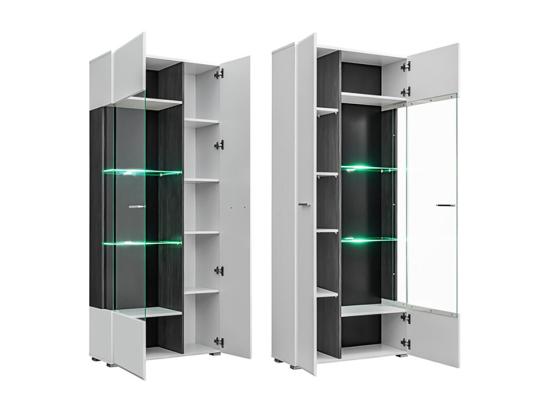 vente unique VITRINE REVERSIBLE WARNER BLANC LAQUE ET BOIS NOIR AVEC LED 80 X 190 CM