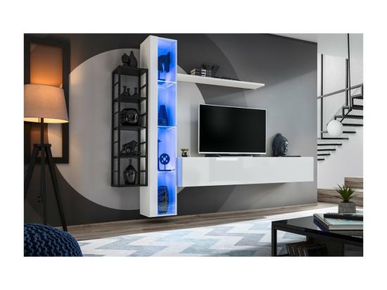 Vente Unique Vitrine Suspendue – Blanc – Collection SWITCH – Porte Vitrée Et LED Inclus – Grand Modèle