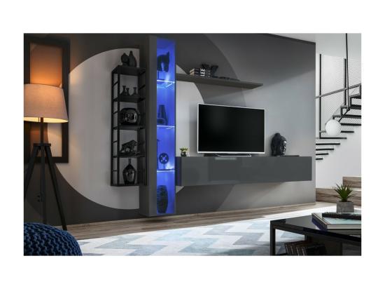 Vente Unique Vitrine Suspendue – Gris – Collection SWITCH – Porte Vitrée Et LED Inclus – Grand Modèle