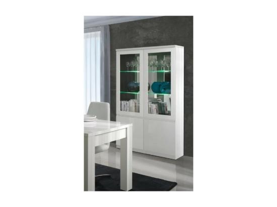 Vente Unique Vitrine Vaisselier FABIO - Blanc Brillant Avec LED - Style Design - 110 X 190 X 40 Cm