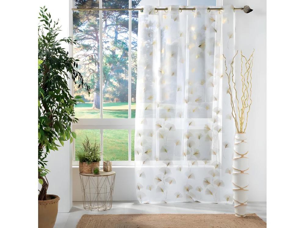 vente unique Voilage à oeillets avec imprimé métallisé - 140 x 240 cm - Ginkgold - Blanc et doré