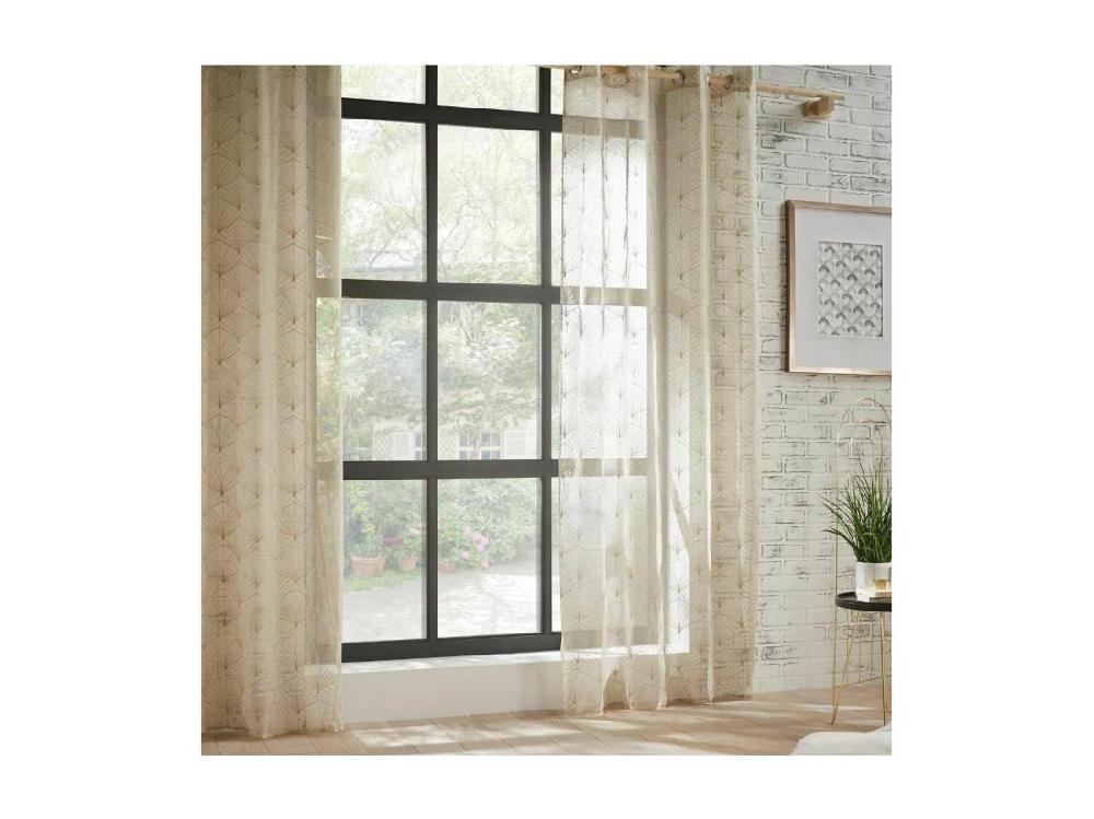 Vente Unique Voilage à œillets Beige Lin Motif Brodé 140 X 240 Cm