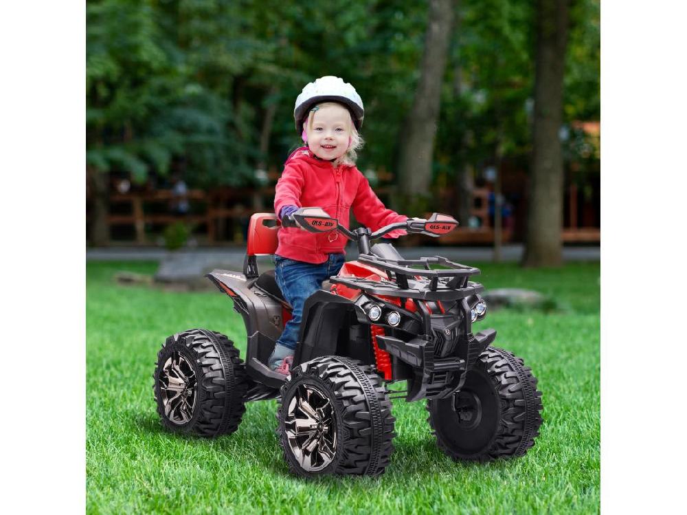 Vente Unique Voiture 4x4 Quad Buggy électrique Enfant 12 V 5 Km/h Max. Effets Lumineux Sonores Selle Avec Dossier Porte-bagage Avant Métal PP Rouge Noir